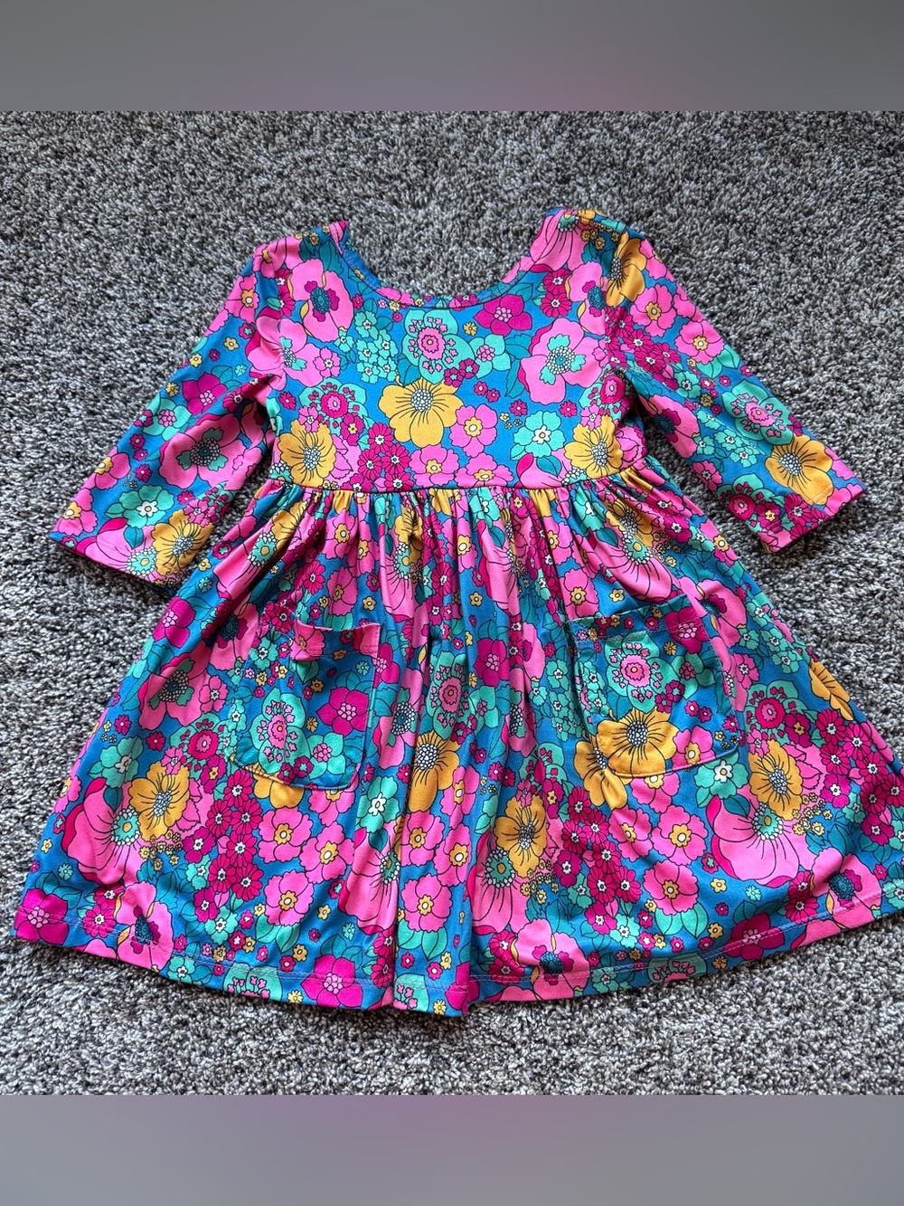 Bright Pink & Teal Floral Girls Long Sleeve Dress